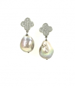 Fresh Water Pearl Baroque With Clover Zirconia Dangling Earring