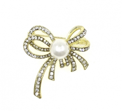  Faux Pearl With Cubic Zircon Ribbon Brooch