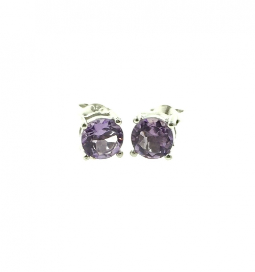 Amethyst Round Faceted 925 Silver Stud Earring