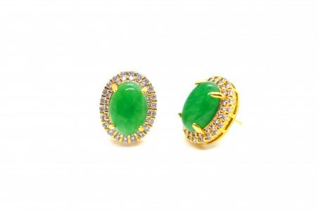 Oval Shape with Zirconia Green Quartz Earring with Yellow Plating