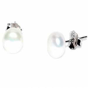 Fresh Water Pearl Flat Button 6-7MM Stud 925 Silver Earring - White