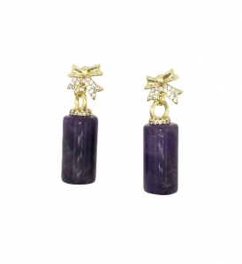 Amethyst Cylinder With Cubic Zirconia Ribbon Dangling Earring